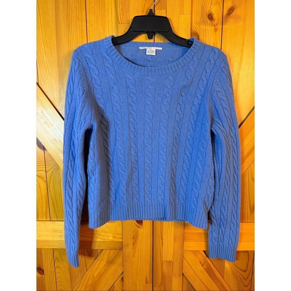Evelyn Grace Cashmere Blue Cable Knit Cashmere Sweater Sz XL (6627)